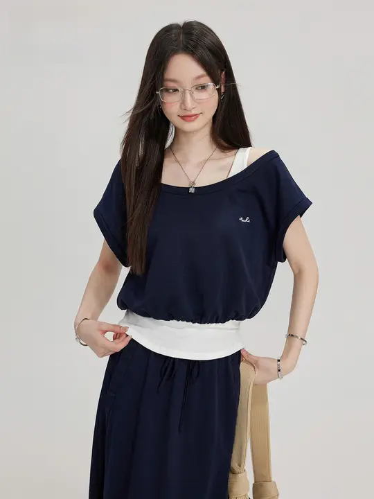 Tシャツ レディース 半袖 フェイクレイヤード ベスト パッチワーク デザイン性 個性的 おしゃれ 夏季