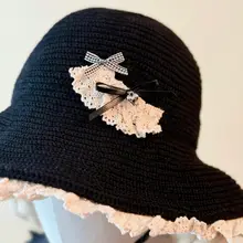 手作りリボン付きレースフック針編みフィッシャーハット【秋冬用・黒】