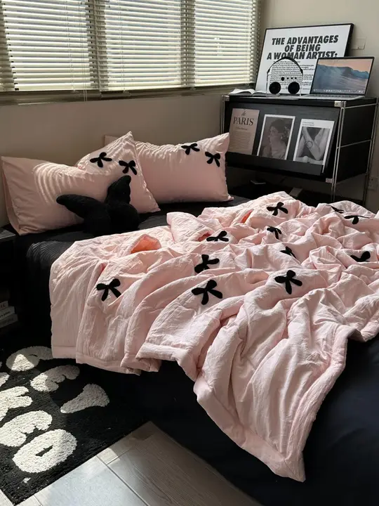 少女向け ピンク×ブラックのリボン刺繍ウォッシャブルコットン夏用冷却カバー4点セット