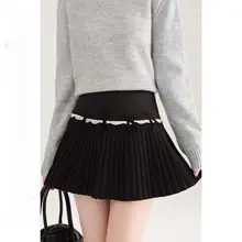 リボンデザインのレース付きAラインプリーツスカート【秋冬用】