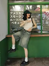 ヴィンテージ風 ウェストハイワイドレッグデニムショートパンツ【ルーズフィット・ストレート・五分丈】（セットアップ対応）