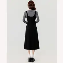 春秋の新作！学院風デザインの女性用ロングドレス【通勤・面接対応・小柄向け・偽二重構造】