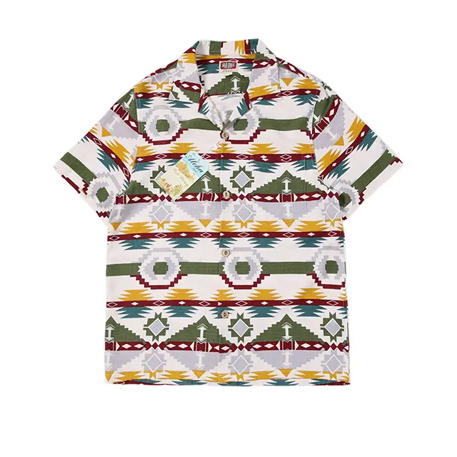 HAWAII ALOHA SHIRTS インディアントーテム柄 リネンコットン 古典的なキューバ衿付き夏用半袖シャツ