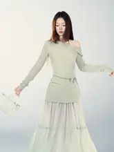 斜め肩デザインの長袖ワンピース【春用・メッシュ切替・女性用・エレガントスタイル】