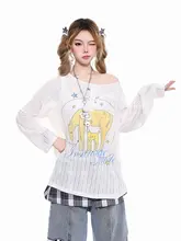 カジュアルなアートプリント長袖Tシャツ【春用・斜め肩デザイン・ゆったりフィット】