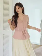夏用Vネック短袖ブラウス＆ウエストリボン付きスカート【女性用・大きいサイズ・エレガントデザイン】（セットアップ対応）