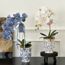 青花磁器製 フェイク胡蝶蘭 アートフラワー【リビング装飾用・陶器花瓶付き】