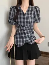 極上の柔らかさのチェック柄 半袖シャツ【女性用・ウエストシェイプデザイン】（セットアップ対応）