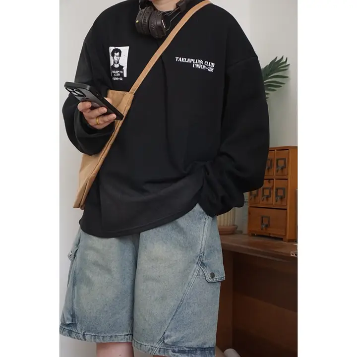 長袖Tシャツ ユニセックス クルーネック ヴィンテージ加工 フェードプリント オーバーサイズ ブラック