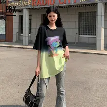 P&X 花柄アート 夏用プリントディップダイグラデーション半袖Tシャツ【レディース・カジュアル・ラウンドネック】