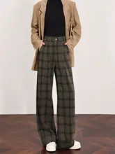 羊毛チェック柄パンツ【秋冬用・ゆったり・ストレート・ハイウエスト・レトログリーン・天絲】（セットアップ対応）