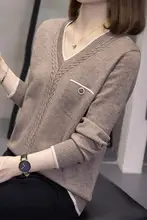 デザイン性のあるVネック長袖ニットトップス【秋冬用・大きいサイズ・スリム効果】