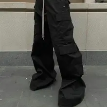 GethBela メンズ ワイドレッグカーゴパンツ【多ポケット・ブラック・ロング丈】