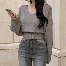 ヴィンテージ風Vネックニットセーター【ウエストシェイプ・長袖・女性用】