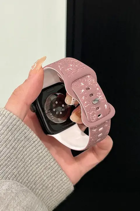 高級シリコン製アップルウォッチ用バンド【彫刻ローズデザイン・41mm/45mm対応・女性用】（セットアップ対応）