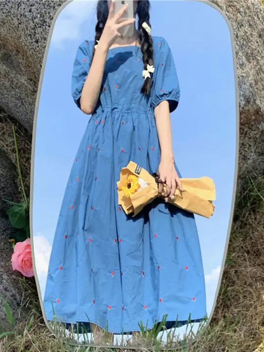 夏用ワイドシルエットのチューリップデザインワンピース【レトロスタイル・四角ネック・大きいサイズ】