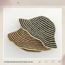 夏用折りたたみストライプ編み草帽【大きなつば・レディース・ビーチ・日除け・バケツハット】