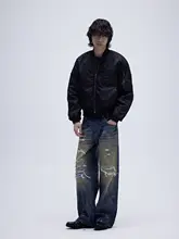 ウォッシュド・泥染め加工のデニムパンツ【破れ補修・アシンメトリーデザイン・ワイドストレート】（セットアップ対応）