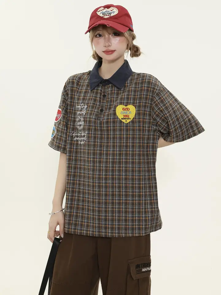 チェック柄のカラー切替ポロシャツ【女性用・スタイル・半袖】