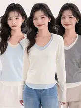 海風を感じるバイカラーの長袖VネックTシャツ【ウエストシェイプ・春用】（セットアップ対応）