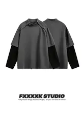 デザイン感溢れるジップ付き長袖Tシャツ【ユニセックス・秋用・ゆったりフィット・カップル対応】（セットアップ対応）