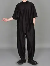 夏季暗黒系テクスチャー五分袖シャツパンツ【カジュアル・メンズ・ルーズフィット・大きいサイズ】（セットアップ対応）