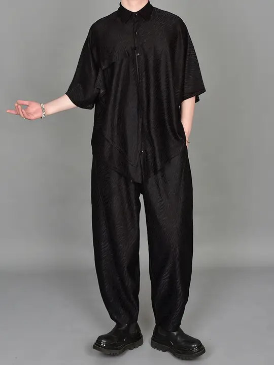 夏季暗黒系テクスチャー五分袖シャツパンツ【カジュアル・メンズ・ルーズフィット・大きいサイズ】（セットアップ対応）