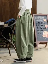 オリジナルデザインのレディース グリーン カジュアルパンツ【春用・コットン・ストレートレッグ・ウエストゴム】