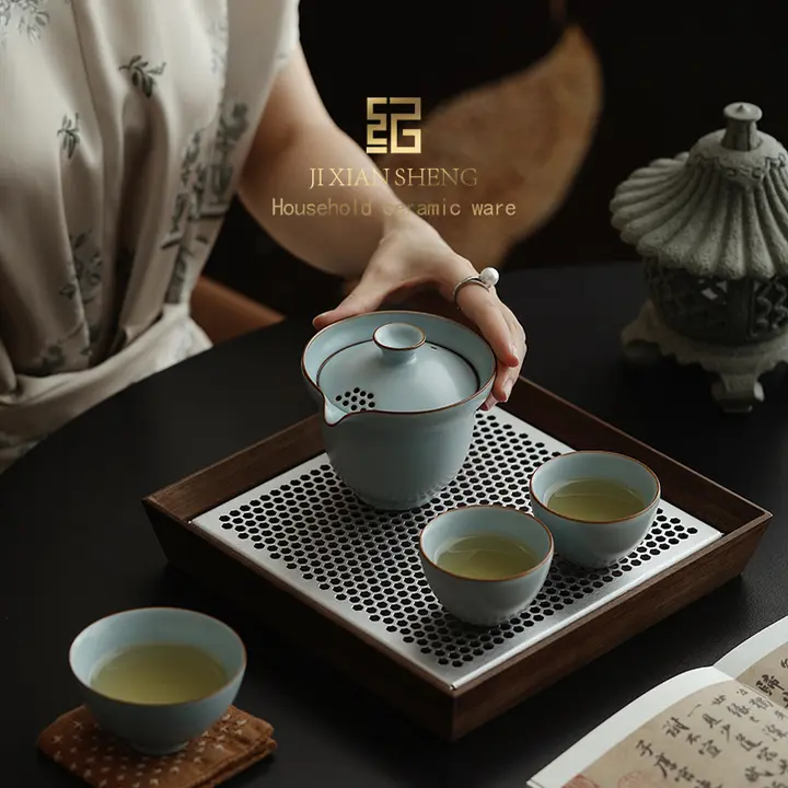 汝窯 旅行用陶器茶具セット【ポータブル・一壺三杯・アウトドア用】