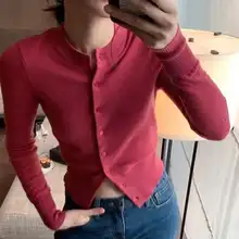 秋冬用 メリノウールカーディガン【プラムカラー・長袖・丸首・タイトフィット】