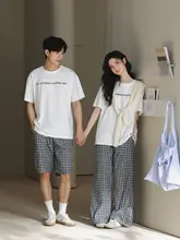 ルームウェア ペアルック ユニセックス 綿100% 半袖 チェック柄パンツ シンプル カジュアル お出かけ対応 夏 2点セット
