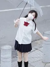 女子向け 基本デザイン ラウンドネックJKシャツ＆プリーツスカートセット【長袖・半袖選択可・学生用】