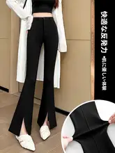 高腰デザインのブラックカラーベルボトムパンツ【小柄向け・上品なシルエット】