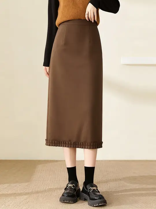ウールミディスカート【ブラウン・フリルデザイン・ストレートシルエット・秋用】