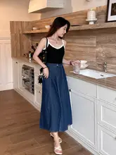 レトロデザイン深い青色のハイウエストデニムAラインスカート【膝下丈・フレアシルエット】