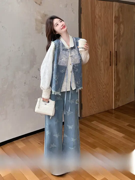 新中式 蝶刺繍デニムベスト【レースシャツ・ワイドパンツ・三点コーデ】（セットアップ対応）