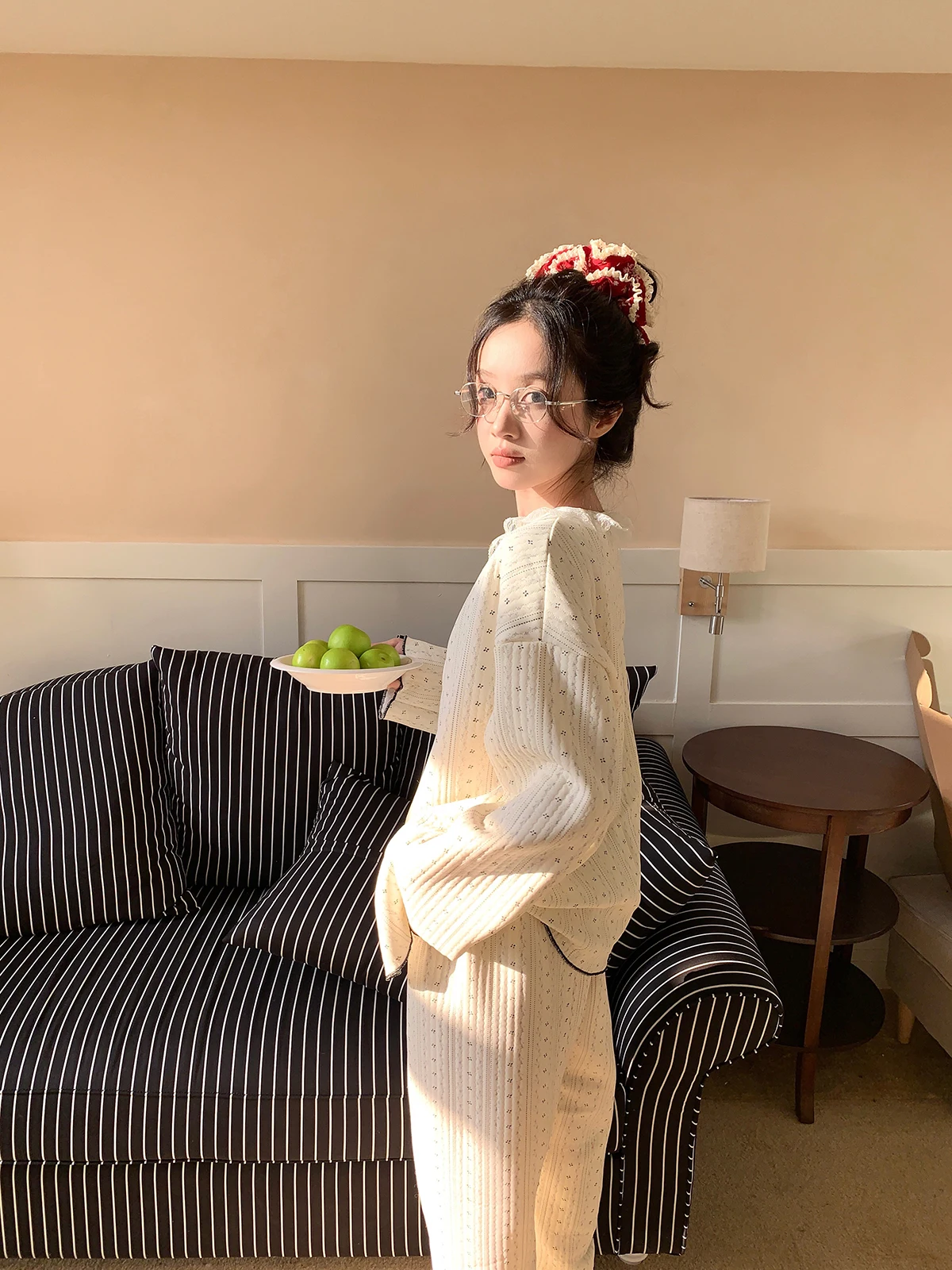 秋冬用丸首フリルデザイン花柄パジャマ：甜美萌系風のゆったりシルエットが快適なホームウェア