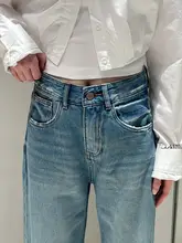 高腰デニムパンツ【ブルー・スリム効果・無伸縮・ワイドレッグ】