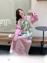 可愛らしいデザインのニットベスト【印花・ピンク・ドール襟・スリムフィット半身スカート・秋用】（セットアップ対応）