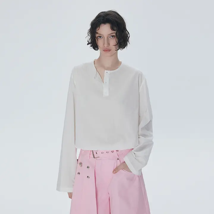 ノーカラーブラウス レディース コットン 薄手 ゆったり UVカット 肌触り良好 着回し 春夏 「ANNACHIC」