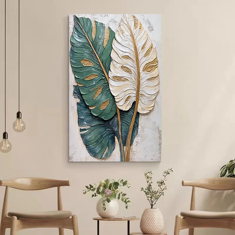 手描き油絵葉の抽象アート：植物デザインがインテリアに与え  る視覚的影響