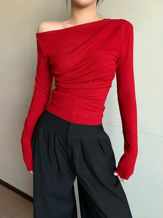 レディース ショート丈セクシーオフショルダー長袖トップス【レトロスタイル・赤・フィットデザイン】