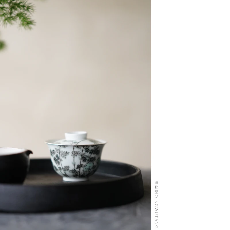清物堂 手描き粉彩寿石墨竹蓋碗【ダブルリングシルバートリム・140cc・茶器】