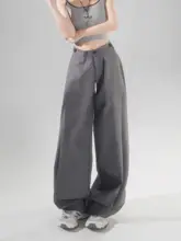 灰色のゆったりとしたワイドレッグパンツ【レトロスタイル・調節可能なウエスト・女性用】