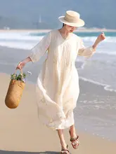 刺繍入りリネン混紡ワンピース【フレンチスタイル・Vネック・夏用・大きなフレア】