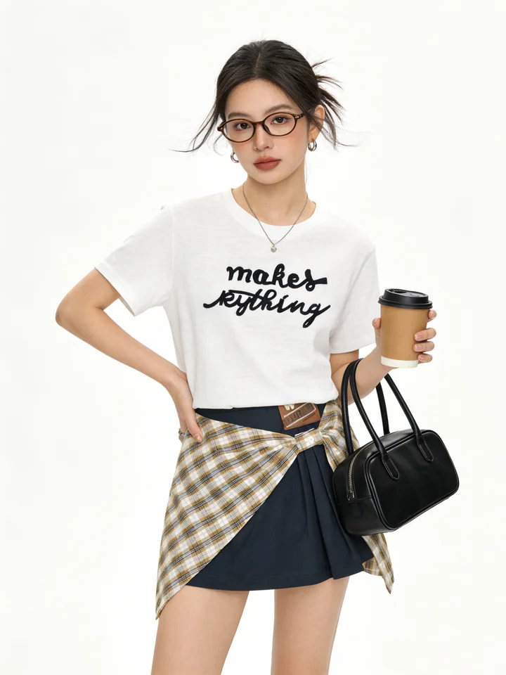 2点セット レディース 半袖Tシャツ レタープリント フェイクレイヤード チェック柄 スカート リボン 着痩せ カジュアル
