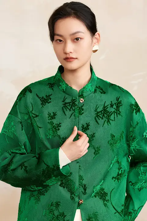 新中式デザイン 切り替えフラワー柄コート【立ち襟・金属ボタン付き・春用】