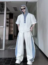 オリジナルデザイン フード付きTシャツ【ショートスリーブ・スポーツカジュアル】とワイドパンツ【コントラスト配色・フィット】（セットアップ対応）
