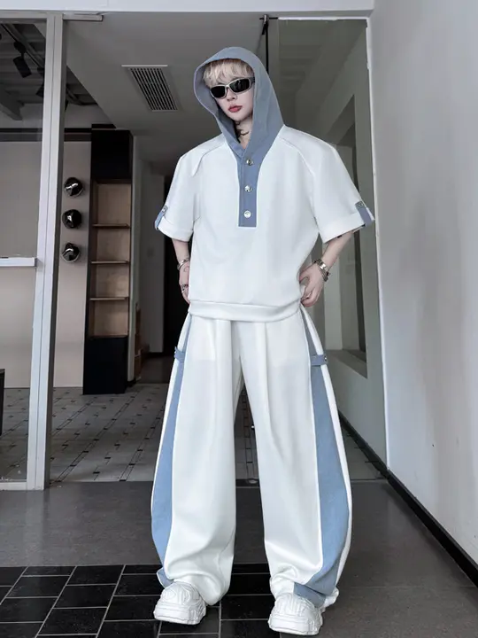 オリジナルデザイン フード付きTシャツ【ショートスリーブ・スポーツカジュアル】とワイドパンツ【コントラスト配色・フィット】（セットアップ対応）