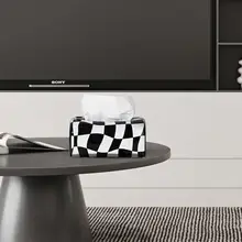モダンデザインのチェッカーパターン陶器ティッシュボックス【リビング・ダイニング・オフィス用】